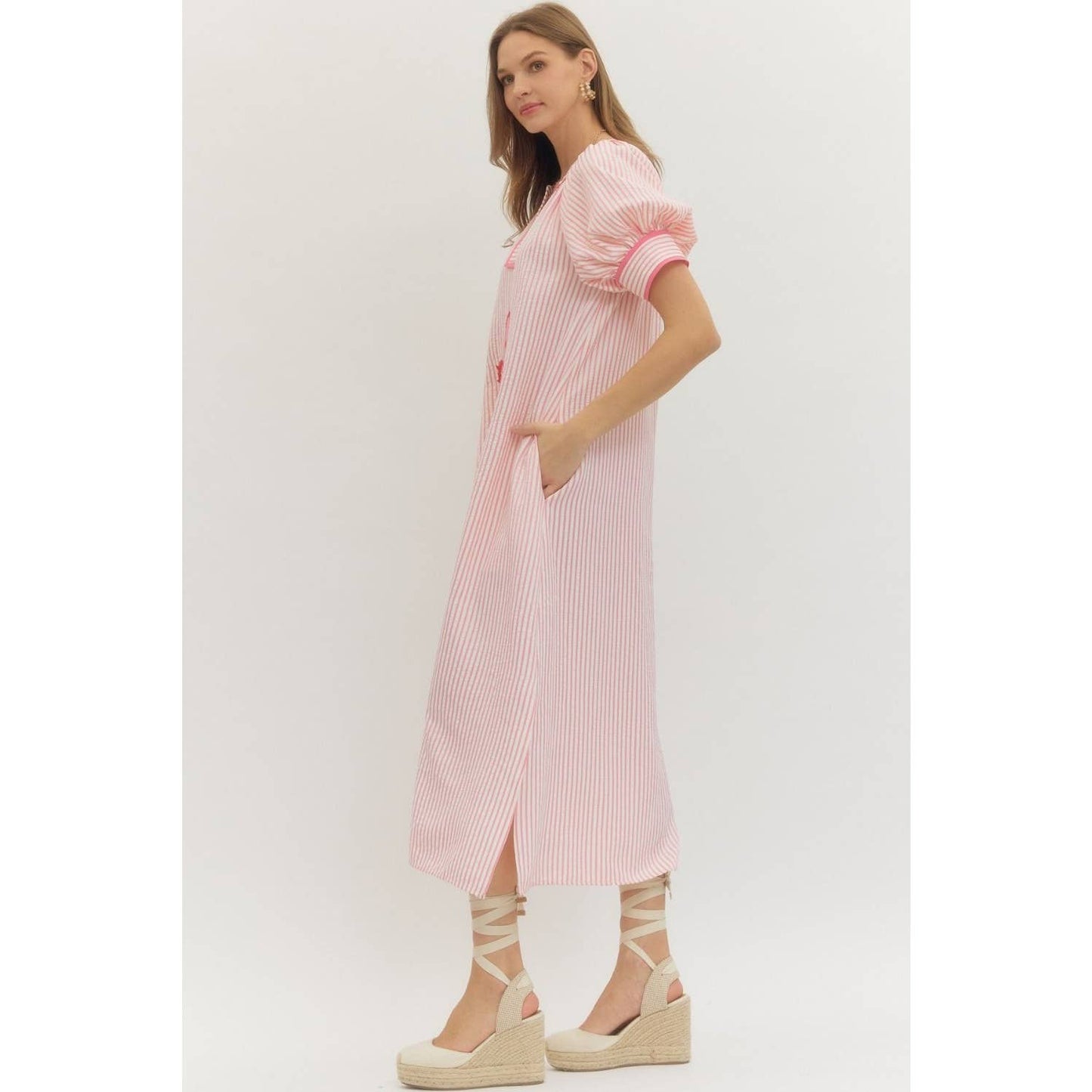 Floral embroidery Stripe midi dress