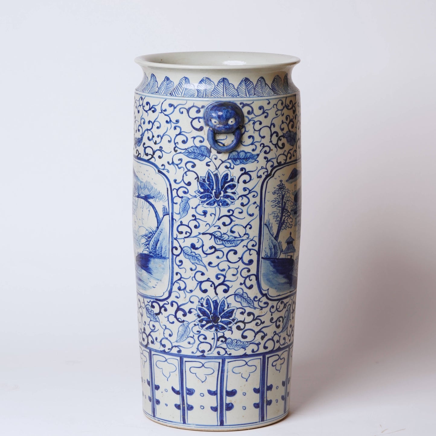 Blue and White Landscape Cartouche Porcelain Umbrella Stand