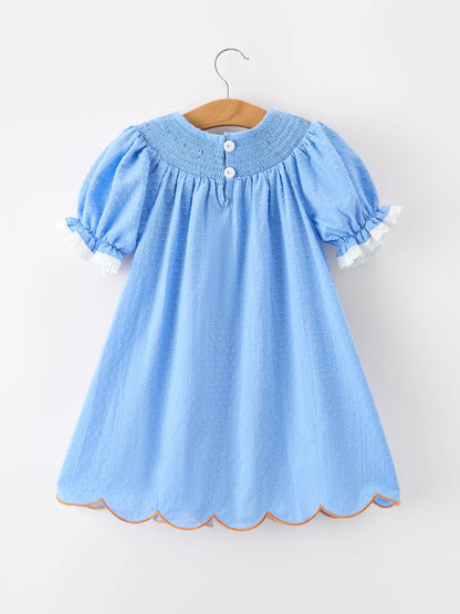 Blue Fall Thanksgiving&Halloween Pumpkin Smock Embroidery Lace Baby Girl Dress