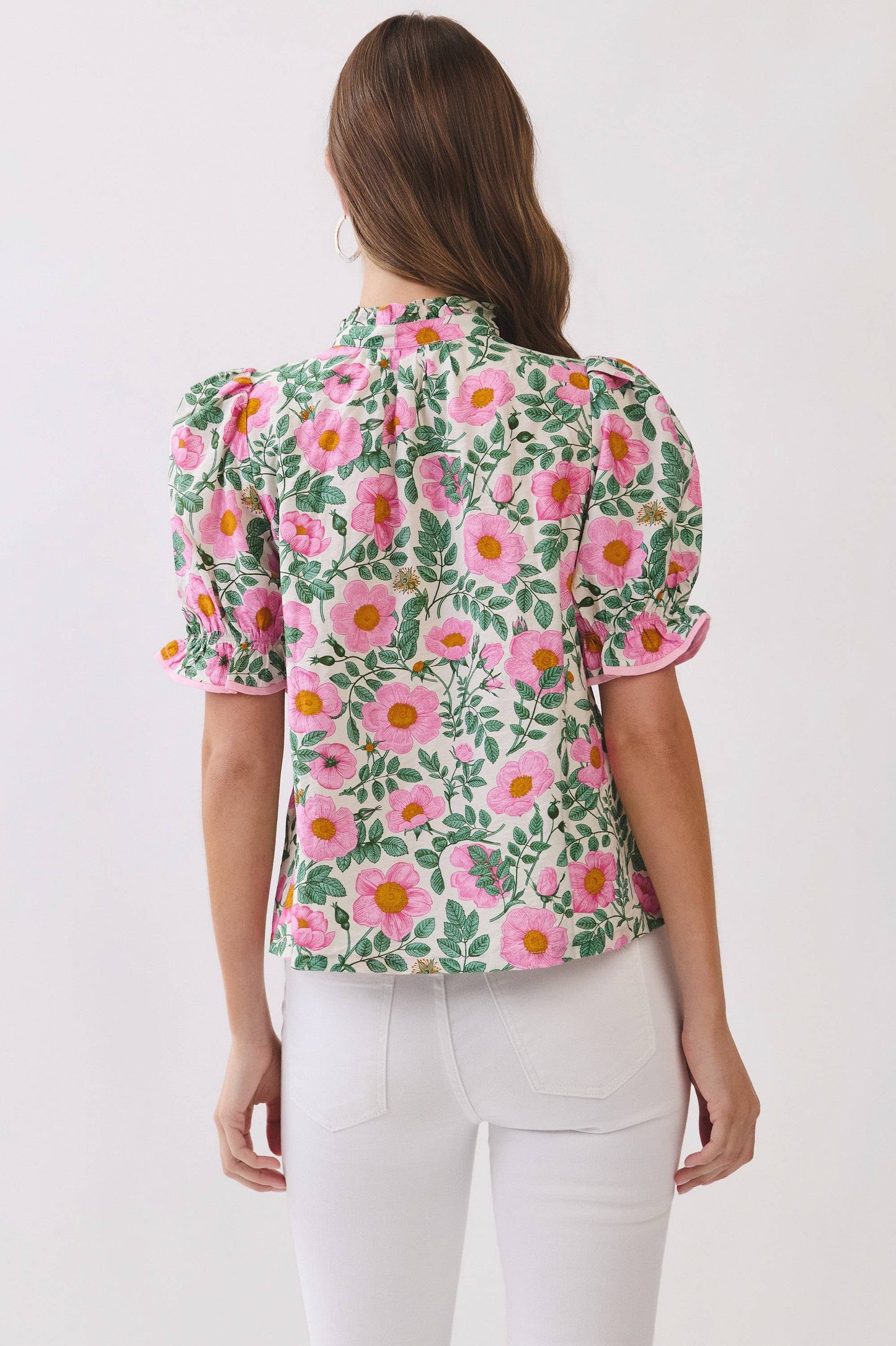 CT10022-Floral Print Button Down Puff Sleeve Blouse