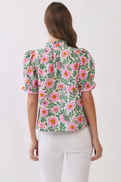CT10022-Floral Print Button Down Puff Sleeve Blouse