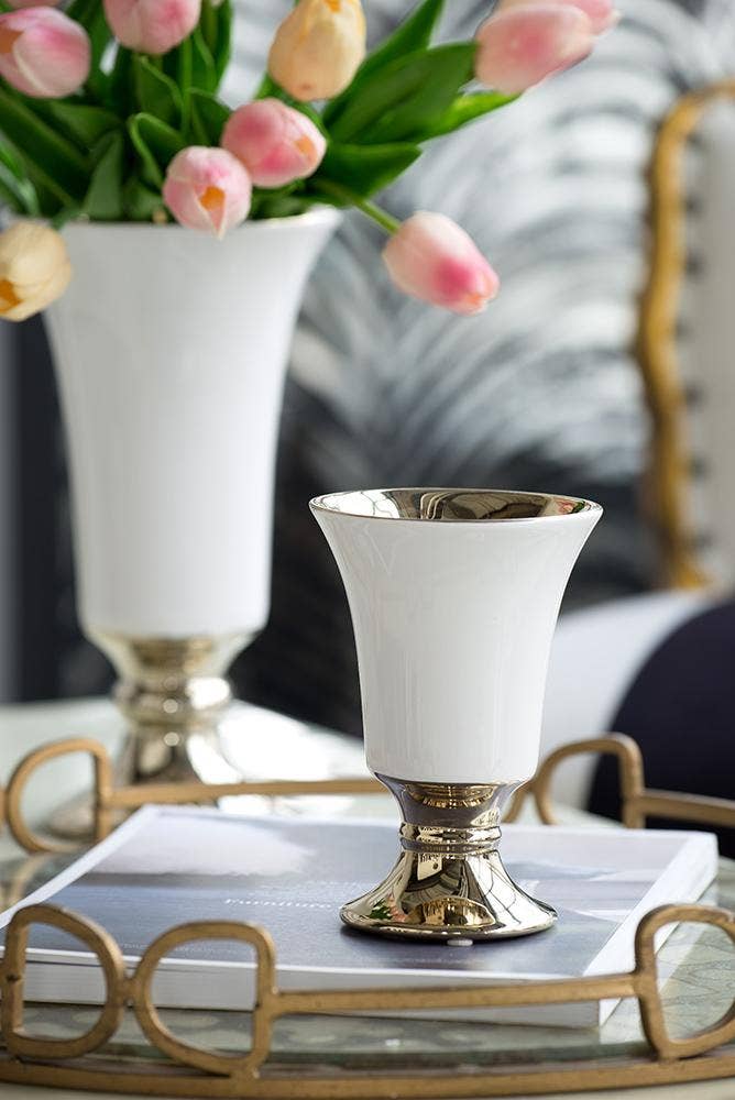 D4.5x8" Elliette Pedestal Vase - White/Gold