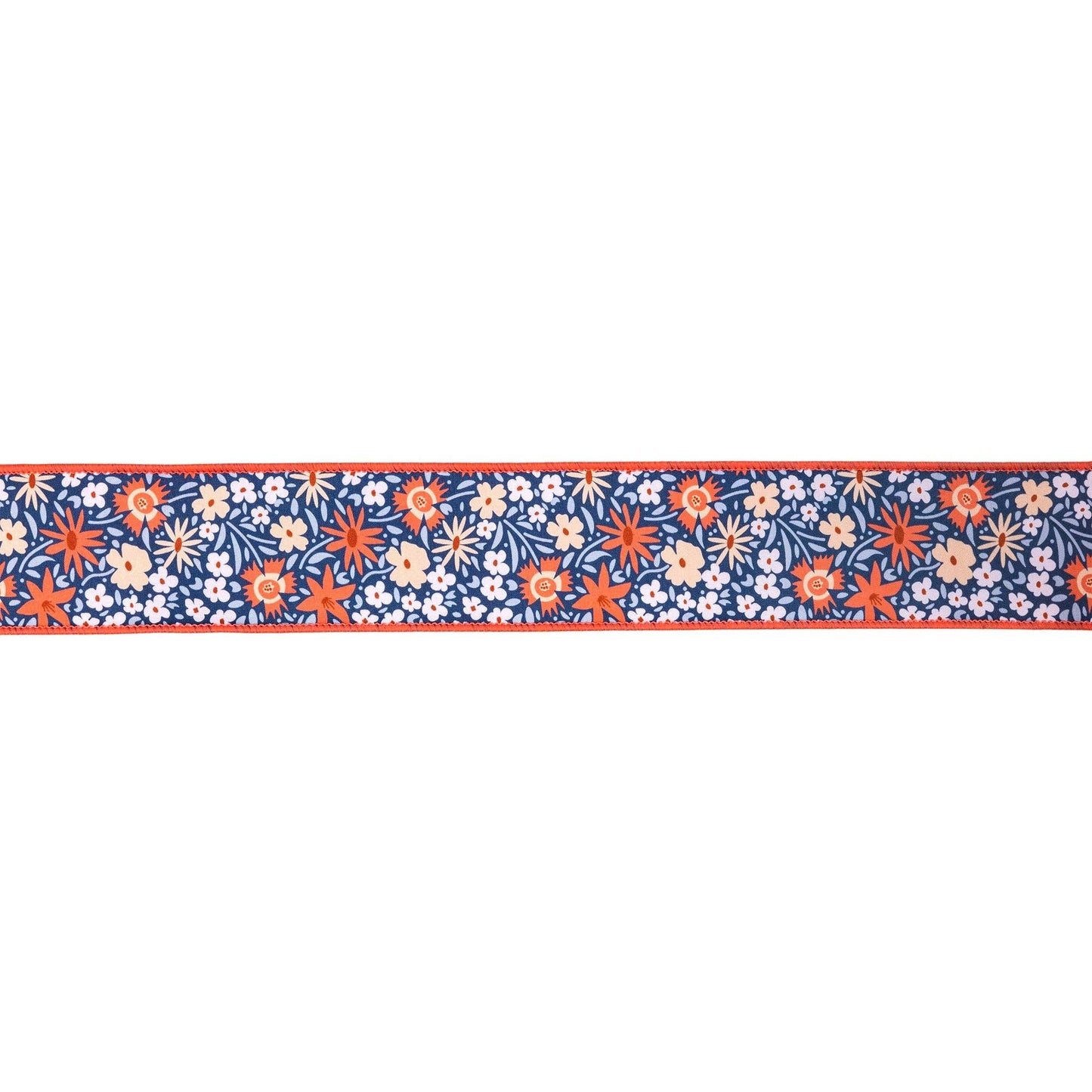 2 1/2" Wired Wired Ribbon | Ditzy Floral on Blue w/ Orange Backing | 10 Yard Roll