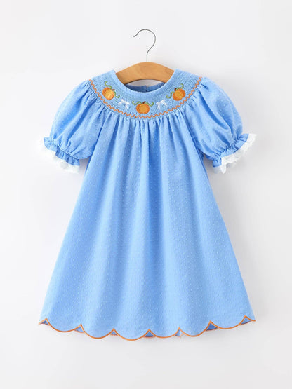 Blue Fall Thanksgiving&Halloween Pumpkin Smock Embroidery Lace Baby Girl Dress