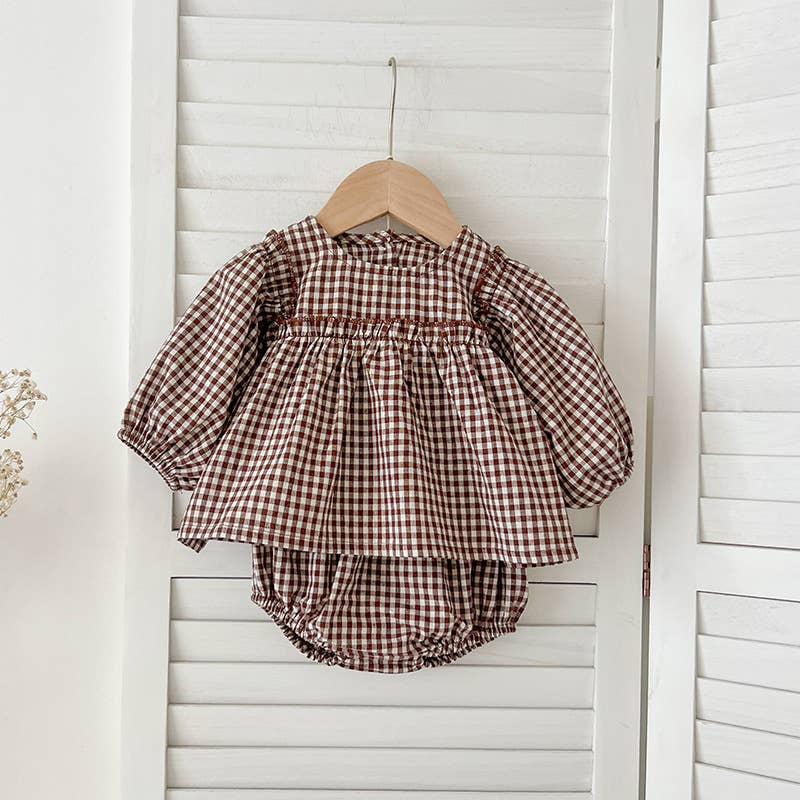 Gingham Baby Romper with Long Sleeve Puff Design
