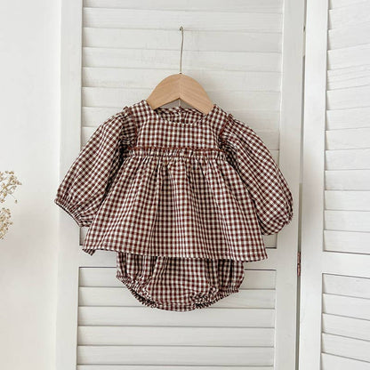 Gingham Baby Romper with Long Sleeve Puff Design