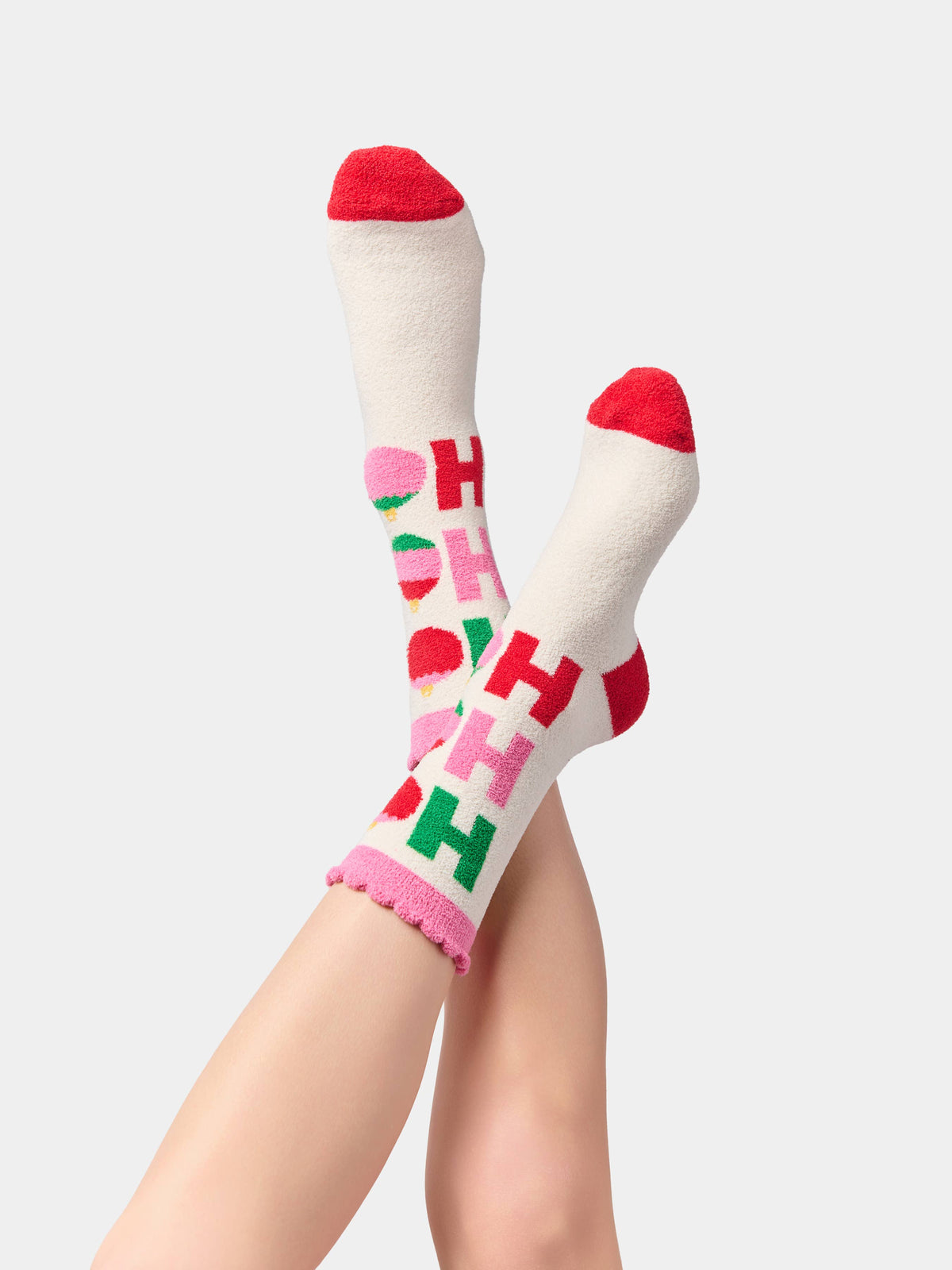 "HO HO HO" ORNAMENTS SOCKS, IVORY