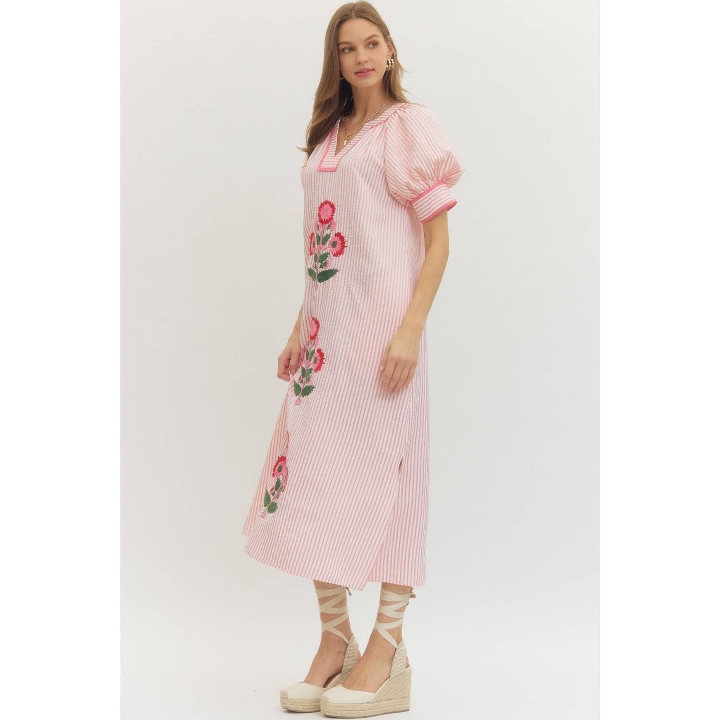 Floral embroidery Stripe midi dress