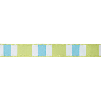 1 1/2" Wired Ribbon | Green/White/Blue Large Horizontal Stripe w/ Green Backing | 10 Yard Roll