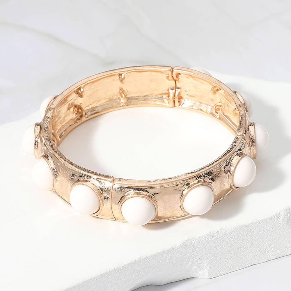 Bead Pearl Embellished Hammered Metal Stretch Bracelet