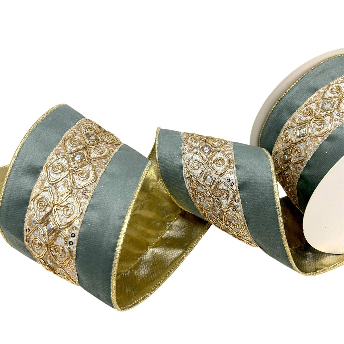 Embossed Gold Trim om Soft Aqua Ribbon 4" x 10yd