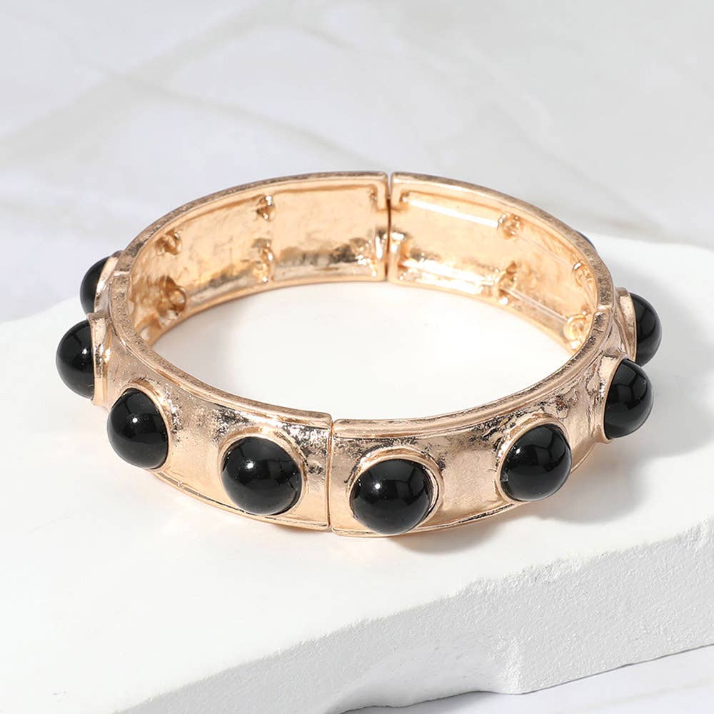 Bead Pearl Embellished Hammered Metal Stretch Bracelet