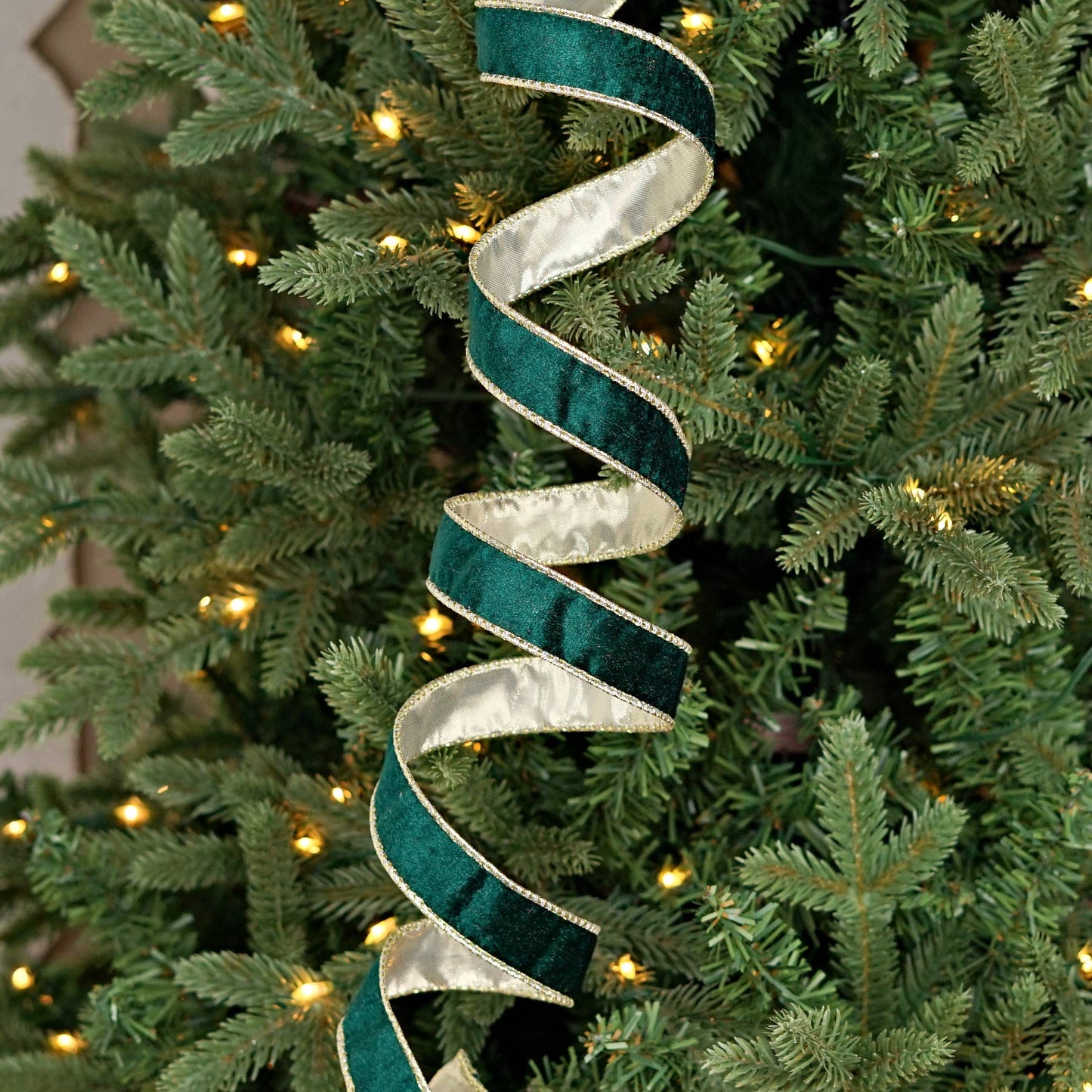 57R1218- Wired Velvet Ribbon-1inx10YD-Hunter Green/Gold Wire