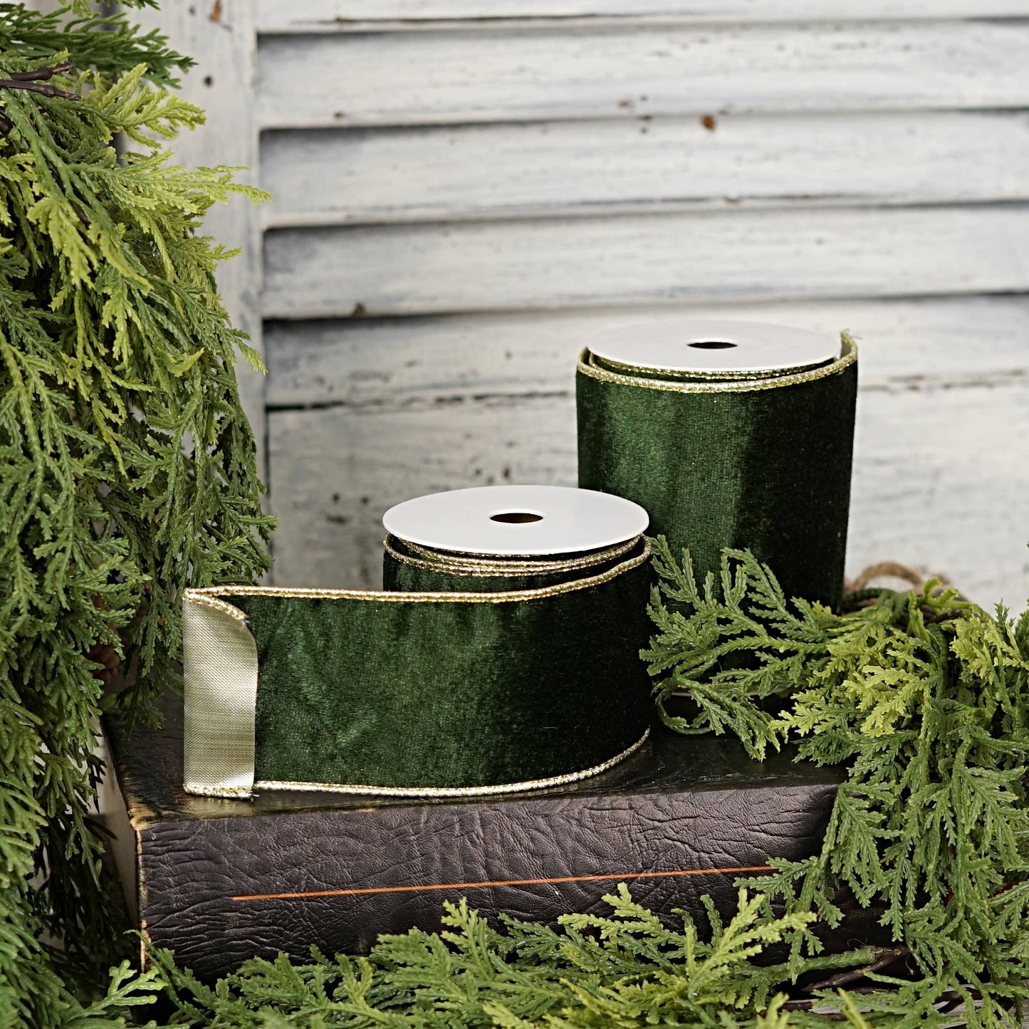 57R1266- Velvet Wired Ribbon-2.5inx10YD-Olive Green/Gold Wir