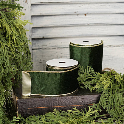 57R1266- Velvet Wired Ribbon-2.5inx10YD-Olive Green/Gold Wir