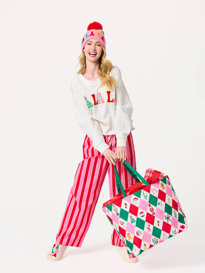 "FA LA LA" STRIPED BEANIE, PINK
