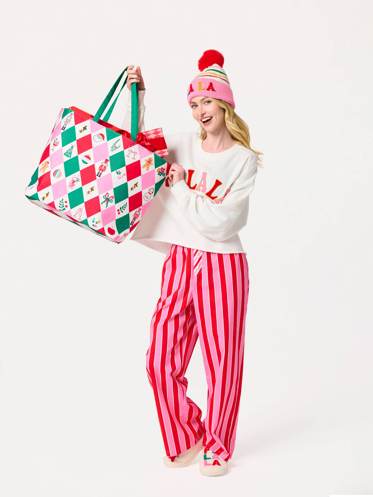 "FA LA LA" STRIPED BEANIE, PINK