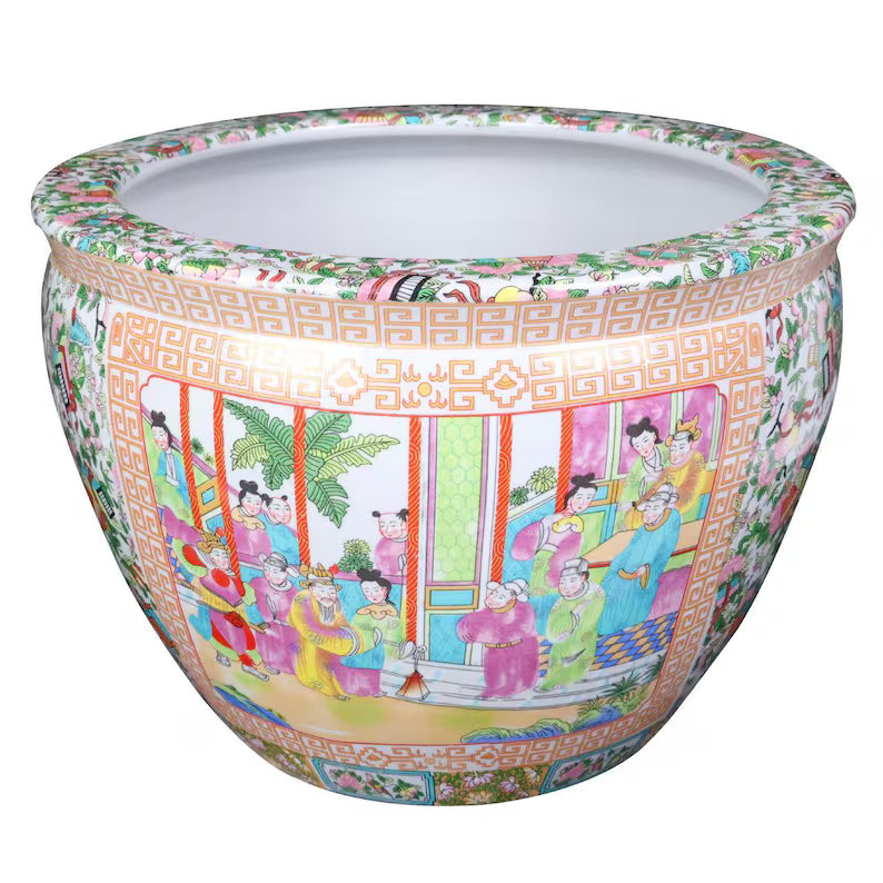 Chinese Rose Medallion Porcelain Fishbowl Planters With Coy Fish