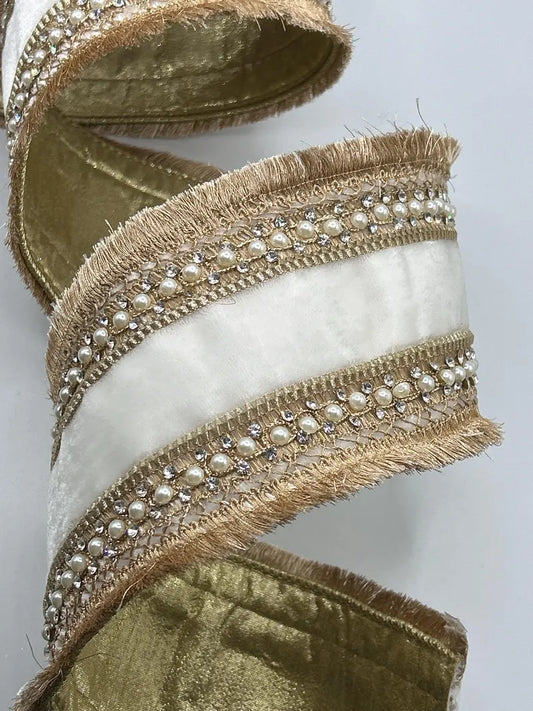 4" x 5 yds Velvet Fringe Jewel Pearl Trim - Winter White